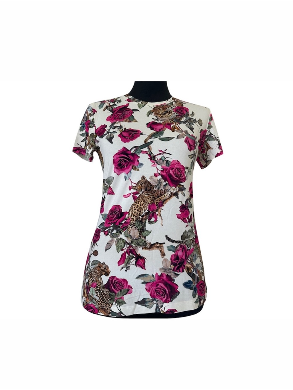 L'AGENCE White Short Sleeve Top with Fuchsia Rose & Leopard Print
